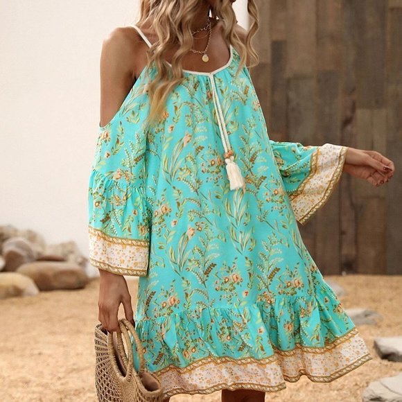 Boho Floral Print Cold Shoulder Tassel Trim Ruffle Hem Dress - Picture 3 of 5